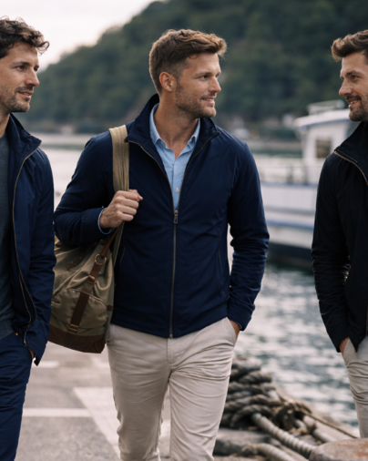 Mann sitzt entspannt am Steg und trägt BREDDY’S Pants mit TENCEL™ T-Shirt