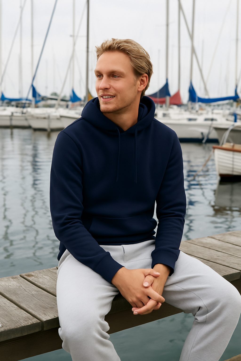 Mann trägt BREDDY’S Hoodie aus TENCEL™ am Steg