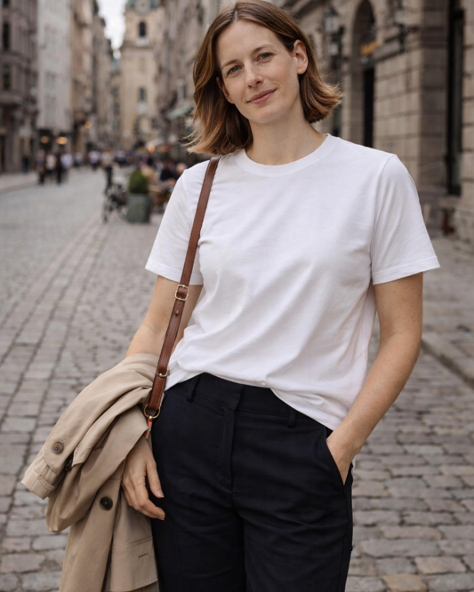 ließender Fall eines BREDDY’S Tencel T-Shirts; die botanische Lyocell-Faser sorgt für eine edle Optik und verhindert das typische Verknittern von Baumwoll-Shirts
