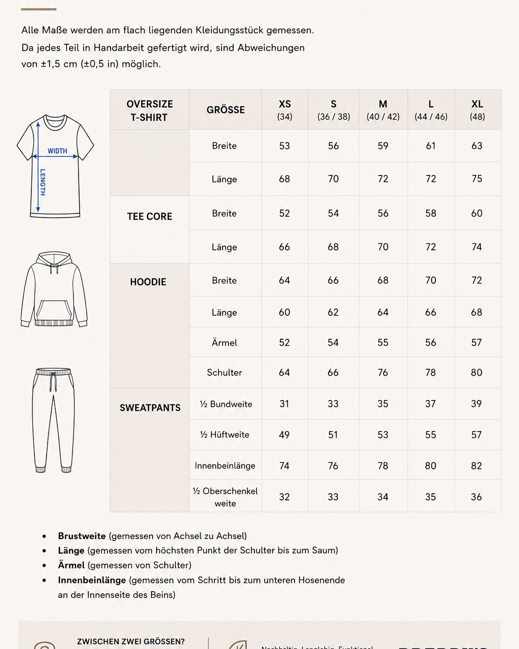 BREDDY’S Größentabelle für nachhaltige T-Shirts, Hoddies und Sweatpants – Maße für Damen und Herren im Überblick
