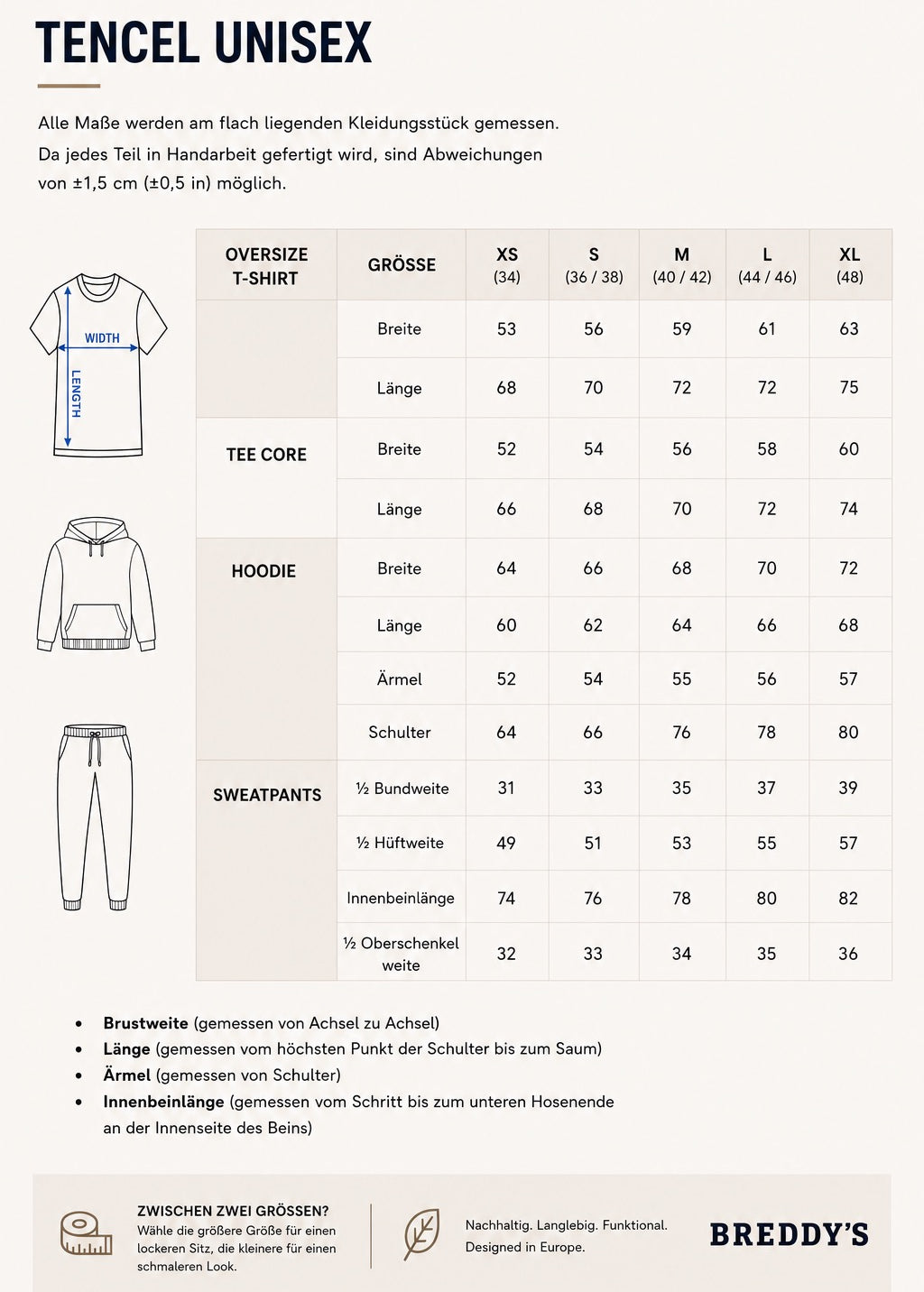 BREDDY’S Größentabelle für nachhaltige T-Shirts, Hoddies und Sweatpants – Maße für Damen und Herren im Überblick