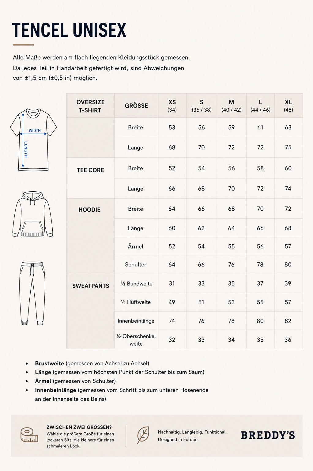 BREDDY’S Größentabelle für nachhaltige T-Shirts, Hoddies und Sweatpants – Maße für Damen und Herren im Überblick