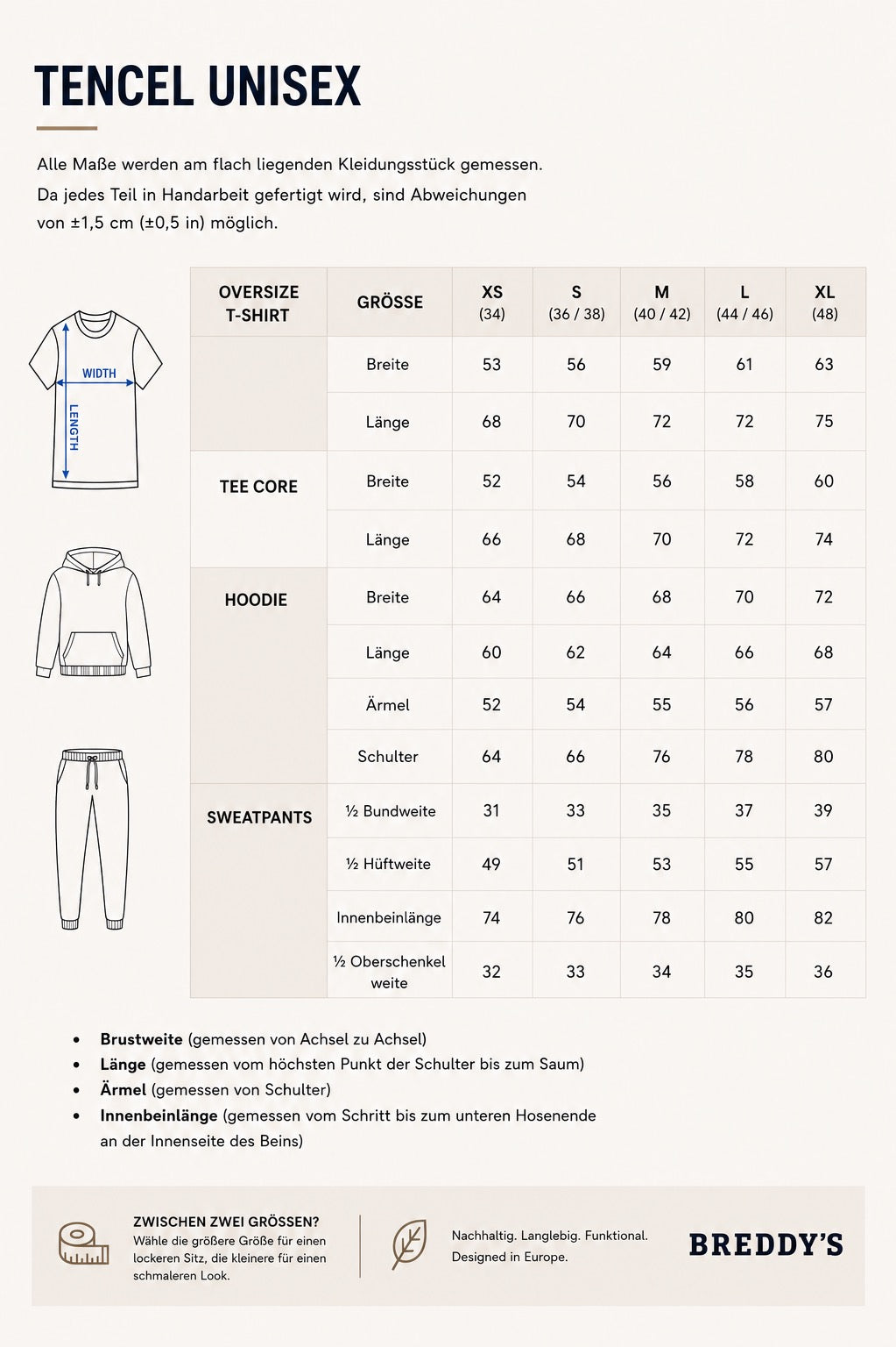 BREDDY’S Größentabelle für nachhaltige T-Shirts, Hoddies und Sweatpants – Maße für Damen und Herren im Überblick