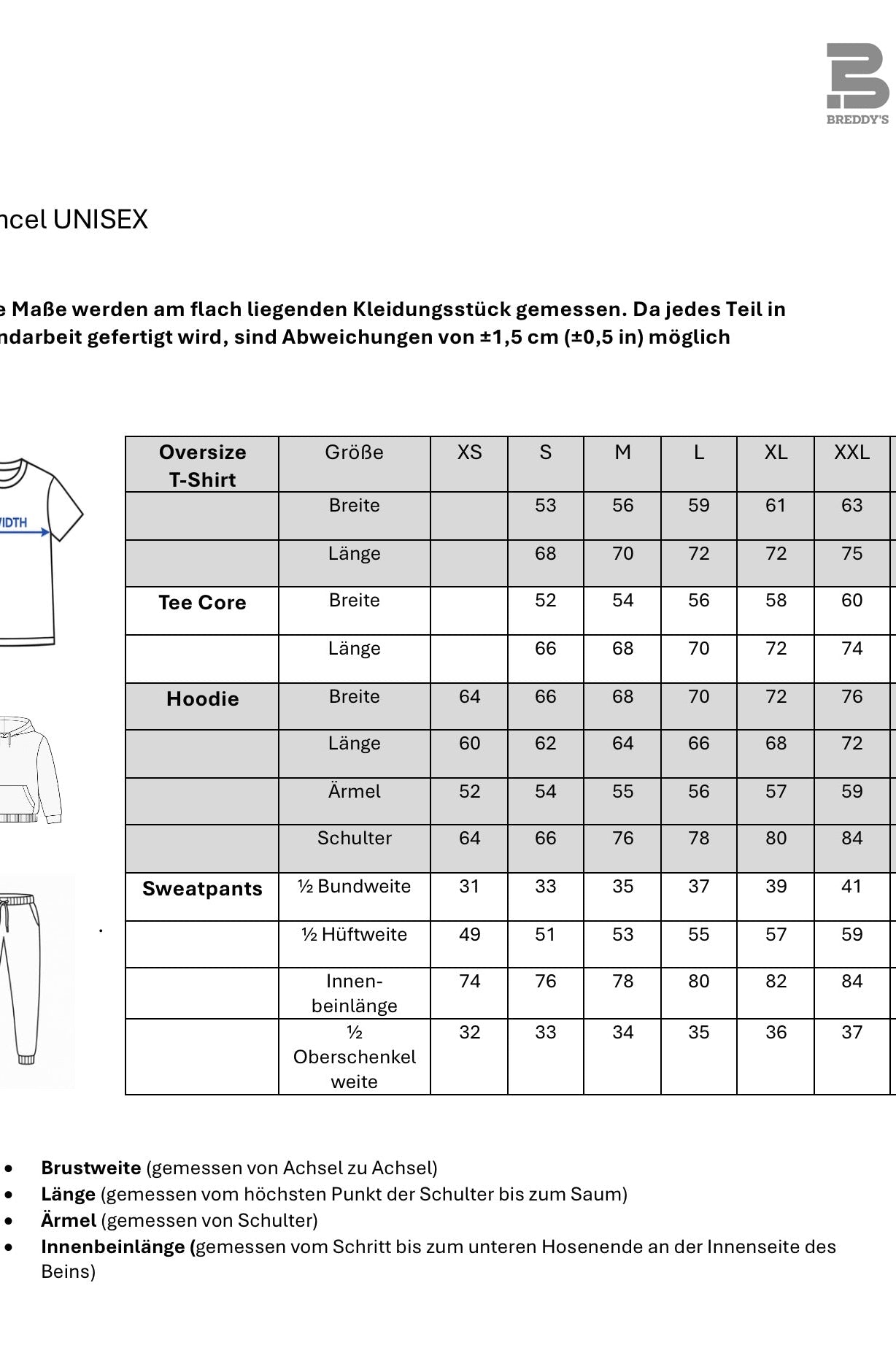 BREDDY’S Größentabelle für nachhaltige T-Shirts, Hoddies und Sweatpants – Maße für Damen und Herren im Überblick