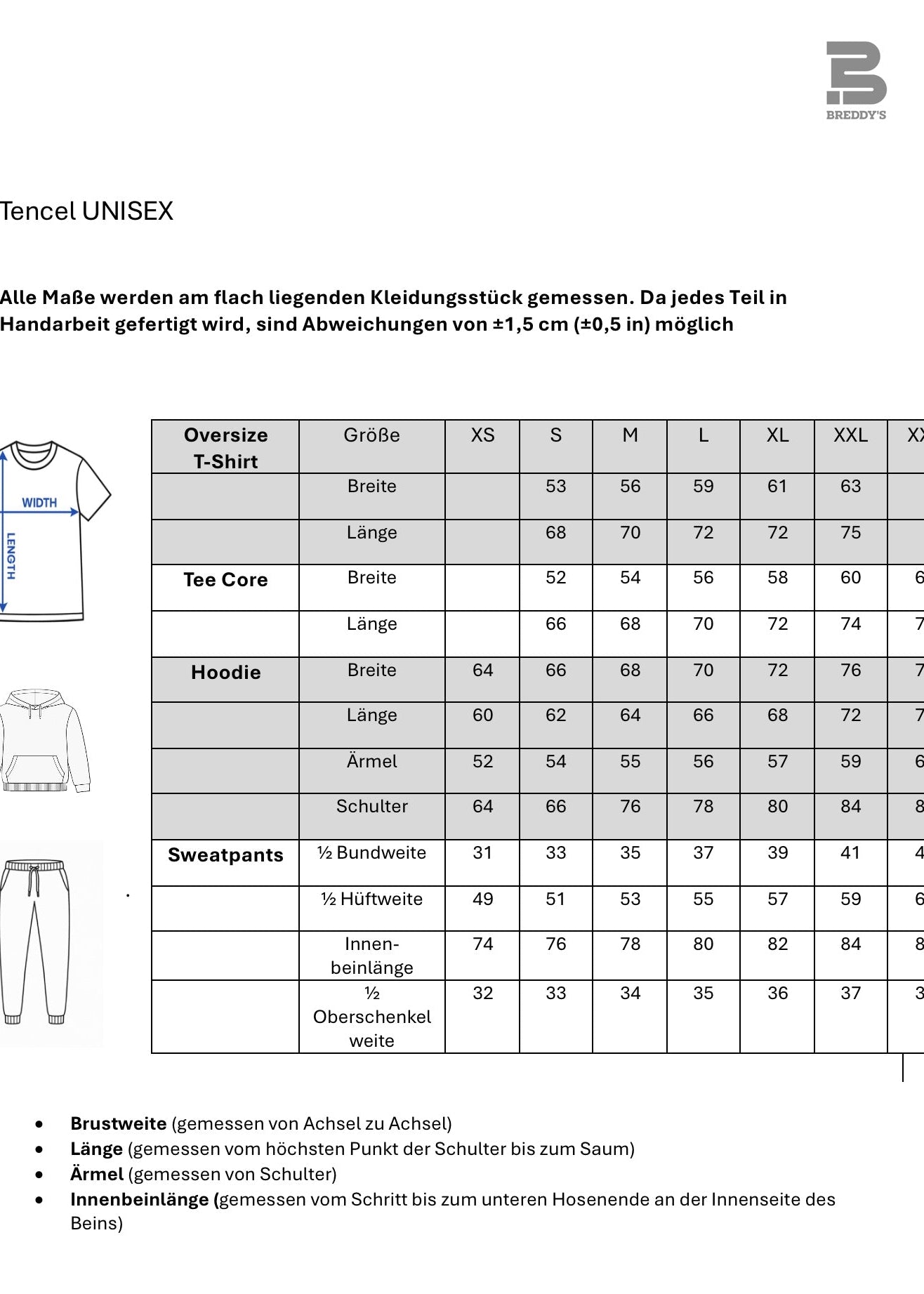 BREDDY’S Größentabelle für nachhaltige T-Shirts, Hoddies und Sweatpants – Maße für Damen und Herren im Überblick