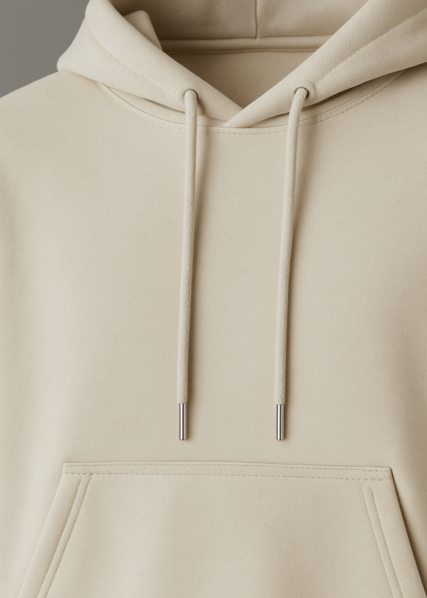 Detailaufnahme vom Kragen des BREDDY’S URBAN HOODIE aus TENCEL™ in Fog