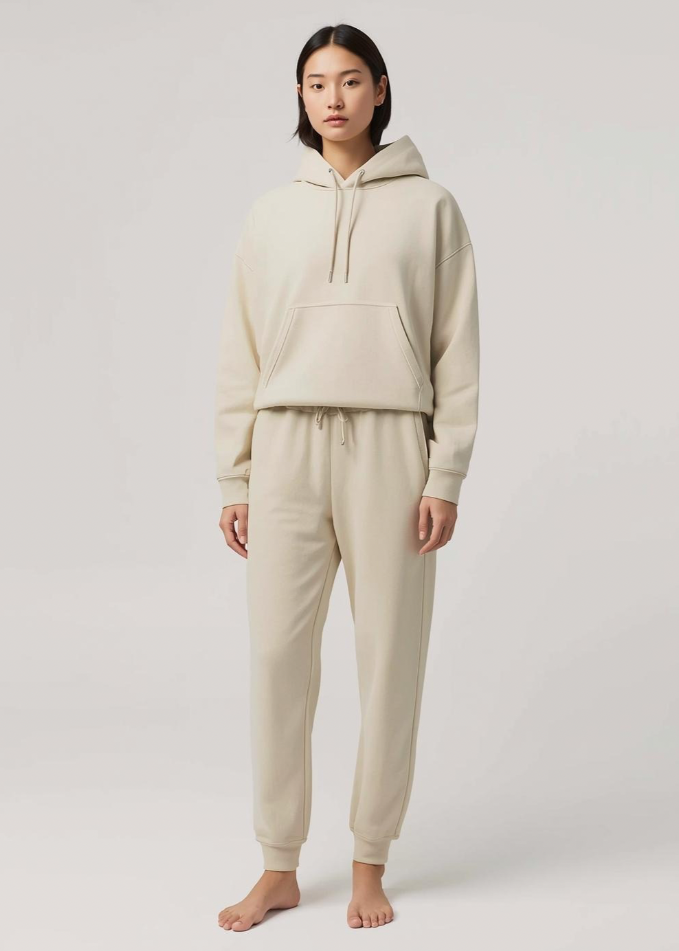 Frau trägt komplettes Outfit mit BREDDY’S URBAN HOODIE und RELAXED SWEATPANTS aus TENCEL™