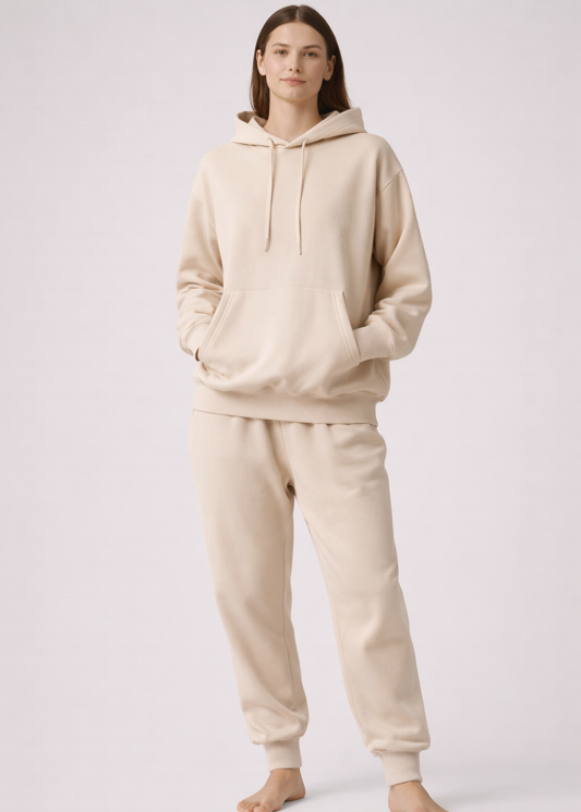 Frau trägt komplettes Outfit mit BREDDY’S URBAN HOODIE und RELAXED SWEATPANTS aus TENCEL™