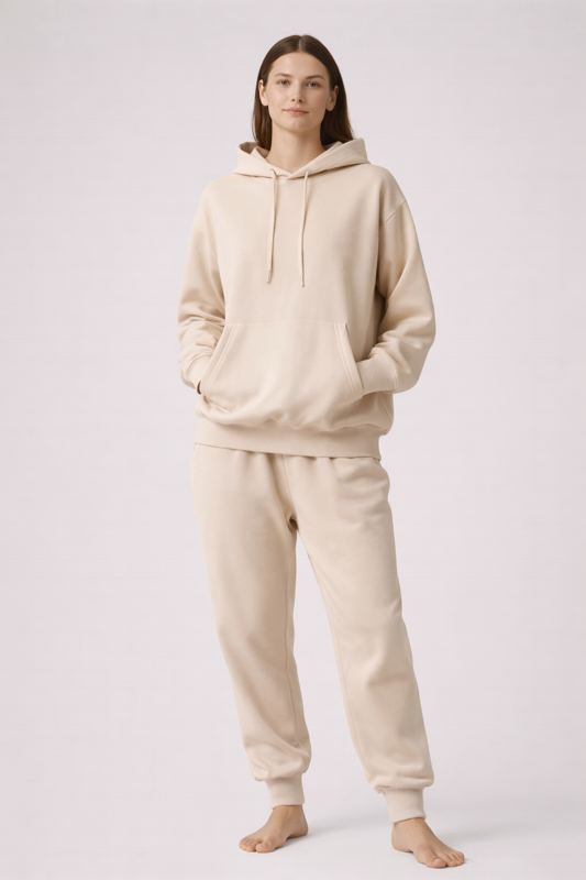 Frau trägt komplettes Outfit mit BREDDY’S URBAN HOODIE und RELAXED SWEATPANTS aus TENCEL™