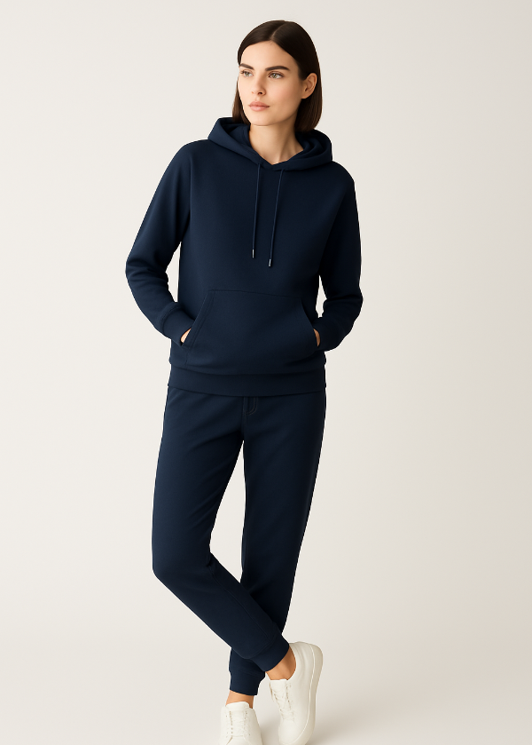 Frau trägt BREDDY’S URBAN HOODIE und RELAXED SWEATPANTS aus TENCEL™ in Blau