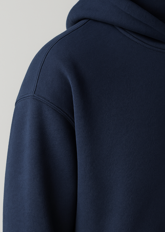 Detailaufnahme der Schulterpartie des BREDDY’S URBAN HOODIE aus TENCEL™ in der Farbe Night Sky