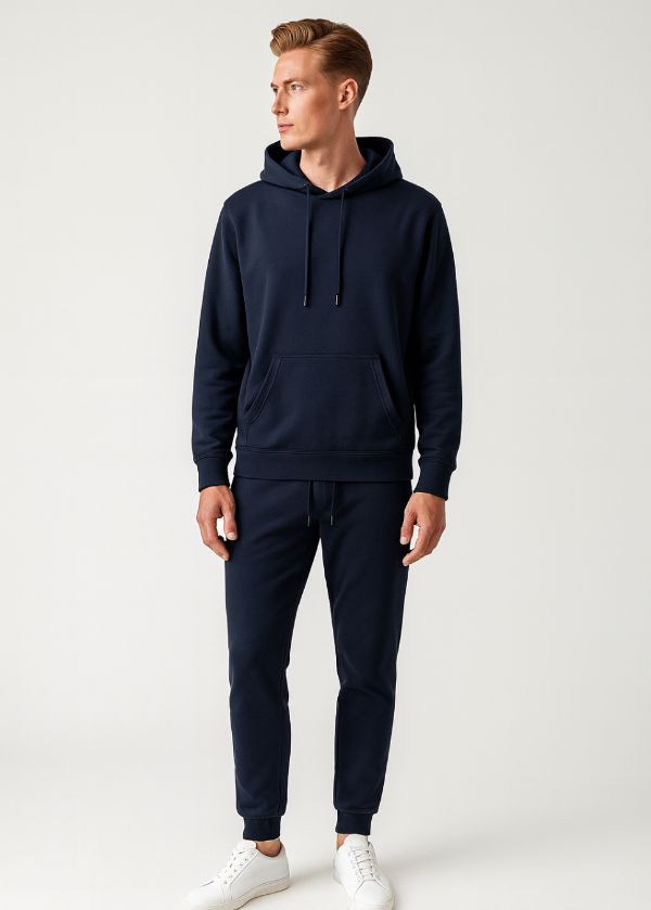 Mann trägt BREDDY’S URBAN HOODIE und RELAXED SWEATPANTS aus TENCEL™ in der Farbe Night Sky