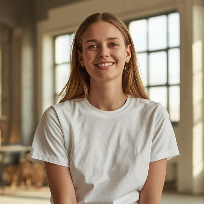 Frau trägt weißes BREDDY’S TENCEL™ T-Shirt und sitzt entspannt auf einem Hocker.