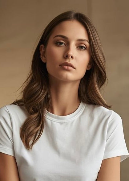 Frau trägt weißes BREDDY’S TENCEL™ T-Shirt im minimalistischen Look.