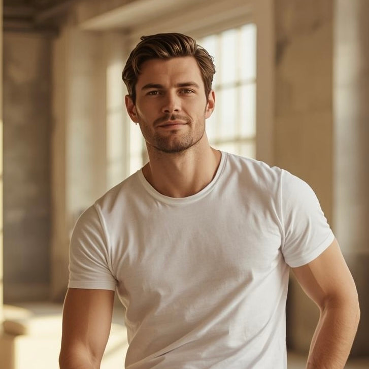 Minimalistischer Look – Mann im weißen TENCEL™ T-Shirt von BREDDY’S auf Hocker.