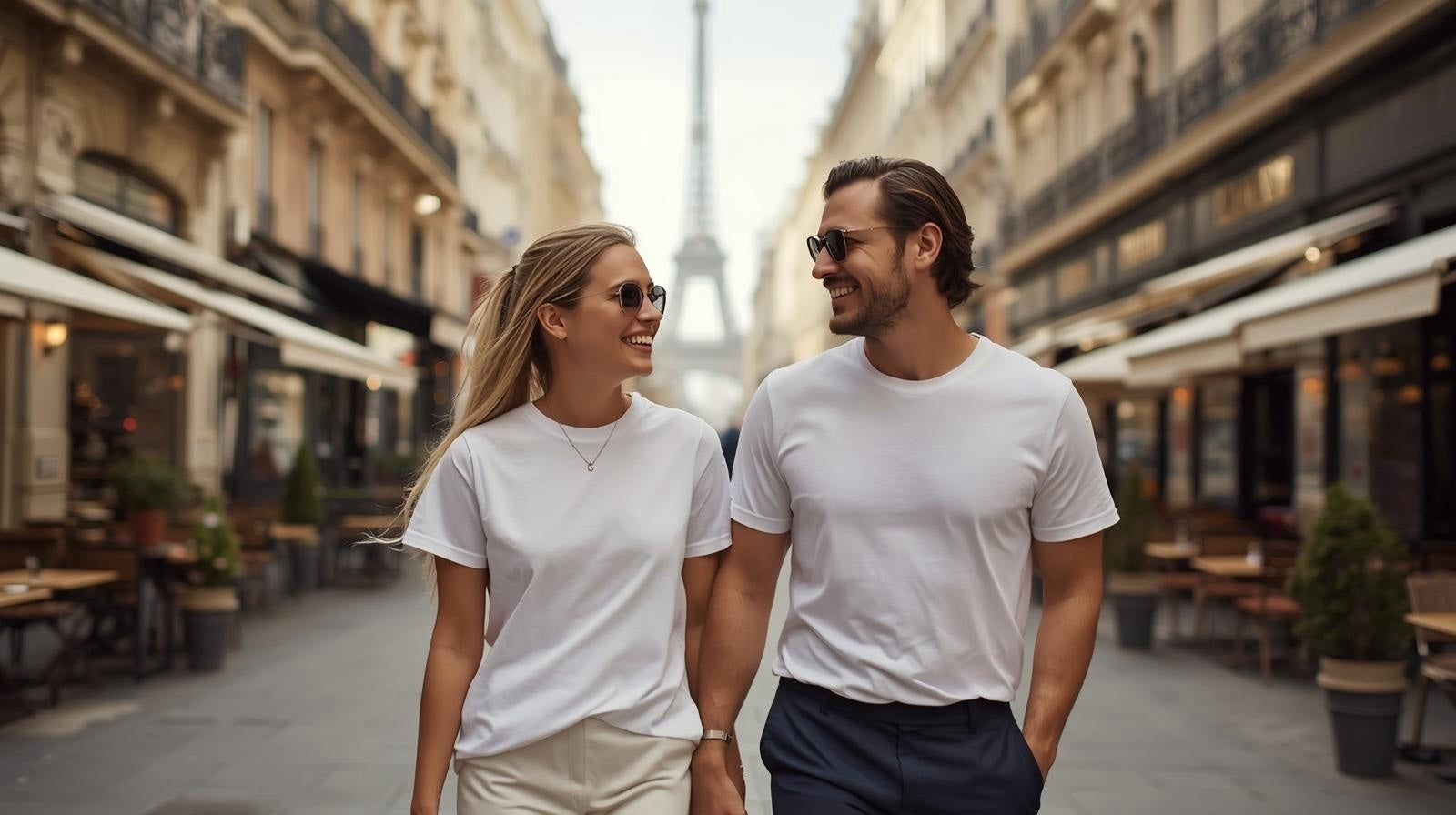 Frau und Mann in weißen BREDDY’S TEE CORE T-Shirts aus TENCEL™ in Paris – nachhaltige Mode aus Europa.