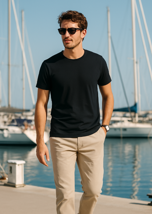 Mann trägt blaues BREDDY’S TENCEL™ T-Shirt und helle BREDDY’S Pants in der Marina
