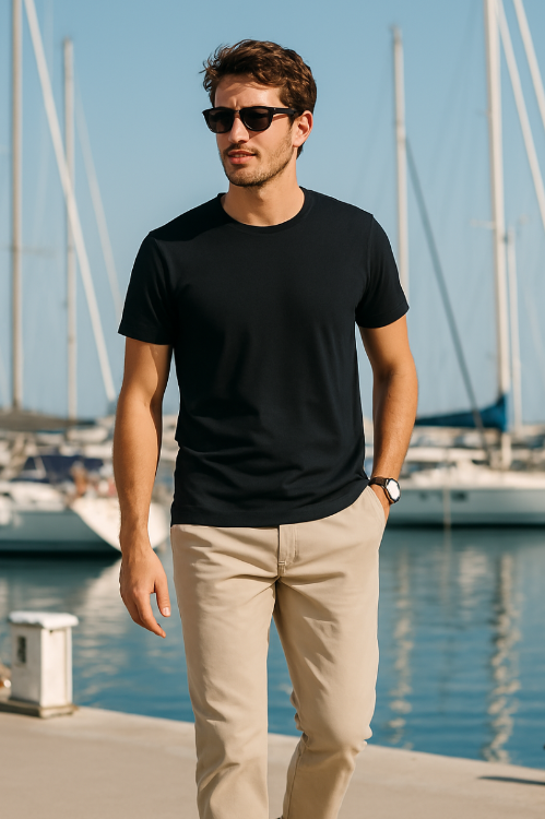 Mann trägt blaues BREDDY’S TENCEL™ T-Shirt und helle BREDDY’S Pants in der Marina