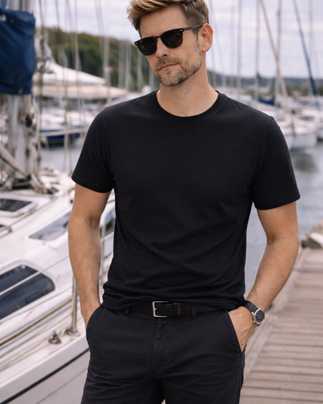 Mann trägt blaues BREDDY’S TENCEL™ T-Shirt und helle BREDDY’S Pants in der Marina