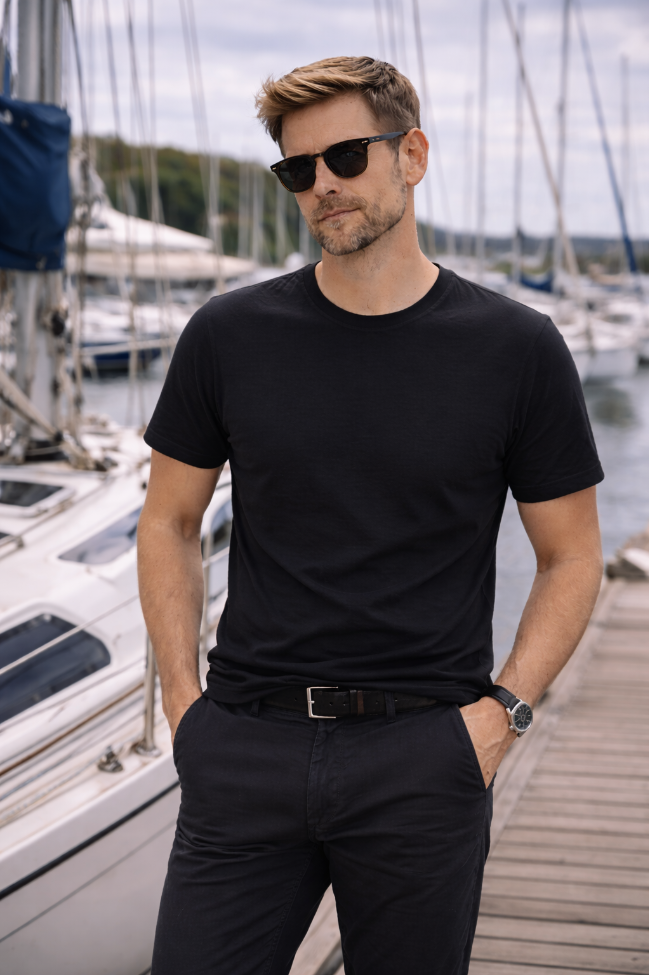 Mann trägt blaues BREDDY’S TENCEL™ T-Shirt und helle BREDDY’S Pants in der Marina