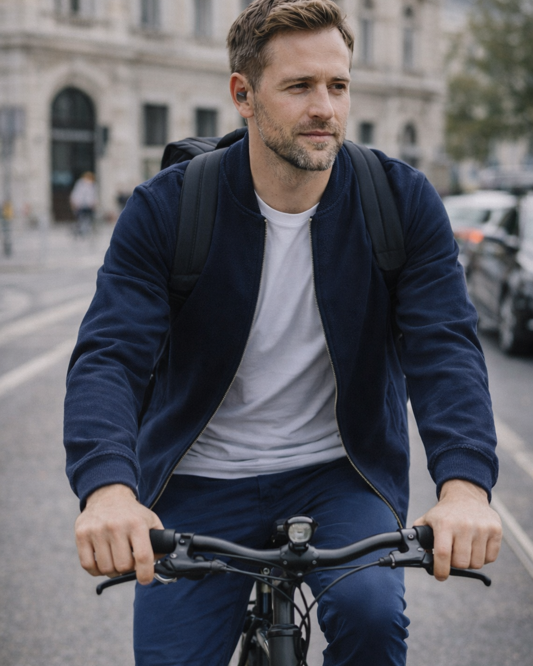 Mann fährt Fahrrad und trägt blaues BREDDY’S TENCEL™ T-Shirt