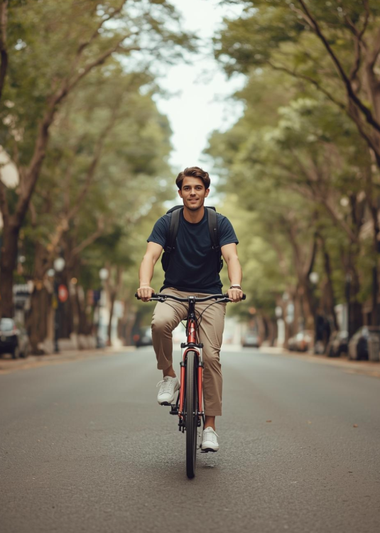 Mann fährt Fahrrad und trägt blaues BREDDY’S TENCEL™ T-Shirt