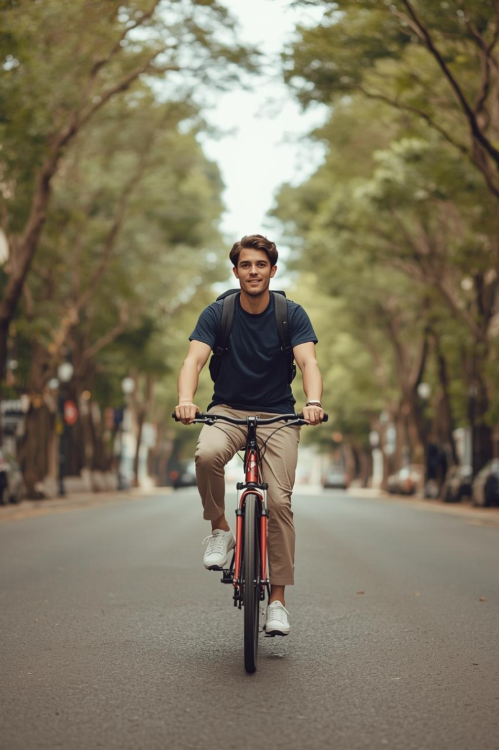 Mann fährt Fahrrad und trägt blaues BREDDY’S TENCEL™ T-Shirt