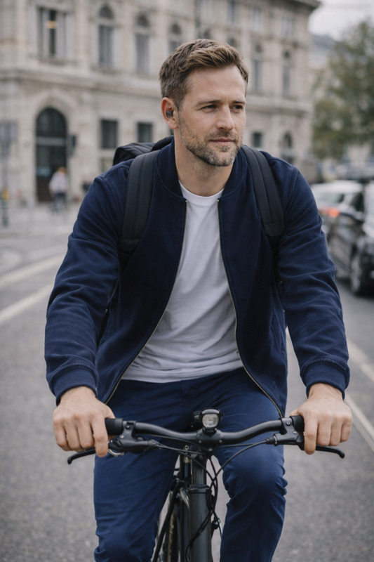 Mann fährt Fahrrad und trägt blaues BREDDY’S TENCEL™ T-Shirt