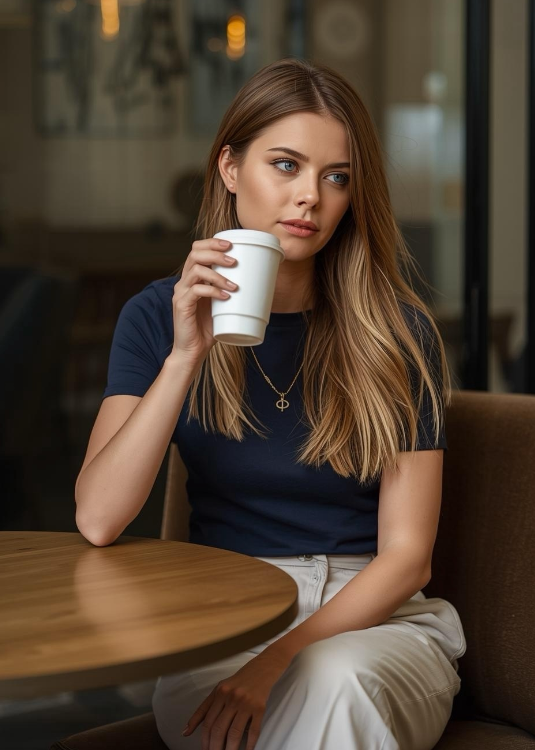 Frau trägt blaues BREDDY’S TENCEL™ T-Shirt, sitzt im Café, trinkt Kaffee und liest ein Buch
