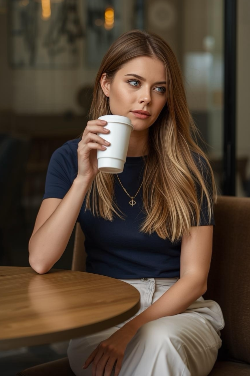 Frau trägt blaues BREDDY’S TENCEL™ T-Shirt, sitzt im Café, trinkt Kaffee und liest ein Buch