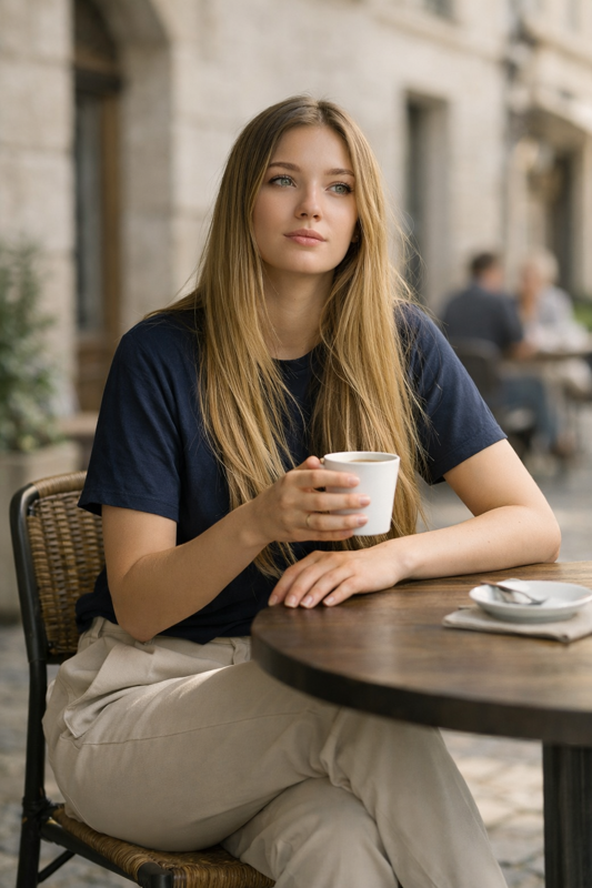 Frau trägt blaues BREDDY’S TENCEL™ T-Shirt, sitzt im Café, trinkt Kaffee und liest ein Buch