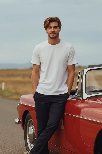 Mann trägt weißes BREDDY’S TENCEL™ T-Shirt und blaue BREDDY’S Pants vor rotem Cabrio