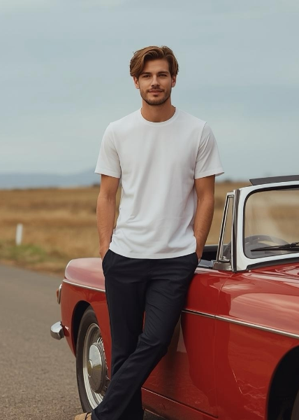 Mann trägt weißes BREDDY’S TENCEL™ T-Shirt und blaue BREDDY’S Pants vor rotem Cabrio