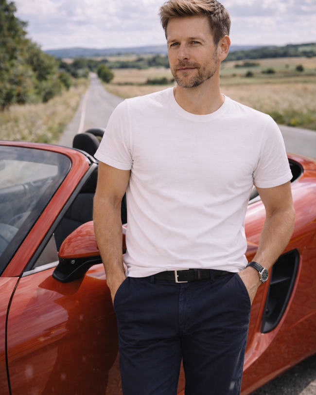 Mann trägt weißes BREDDY’S TENCEL™ T-Shirt und blaue BREDDY’S Pants vor rotem Cabrio