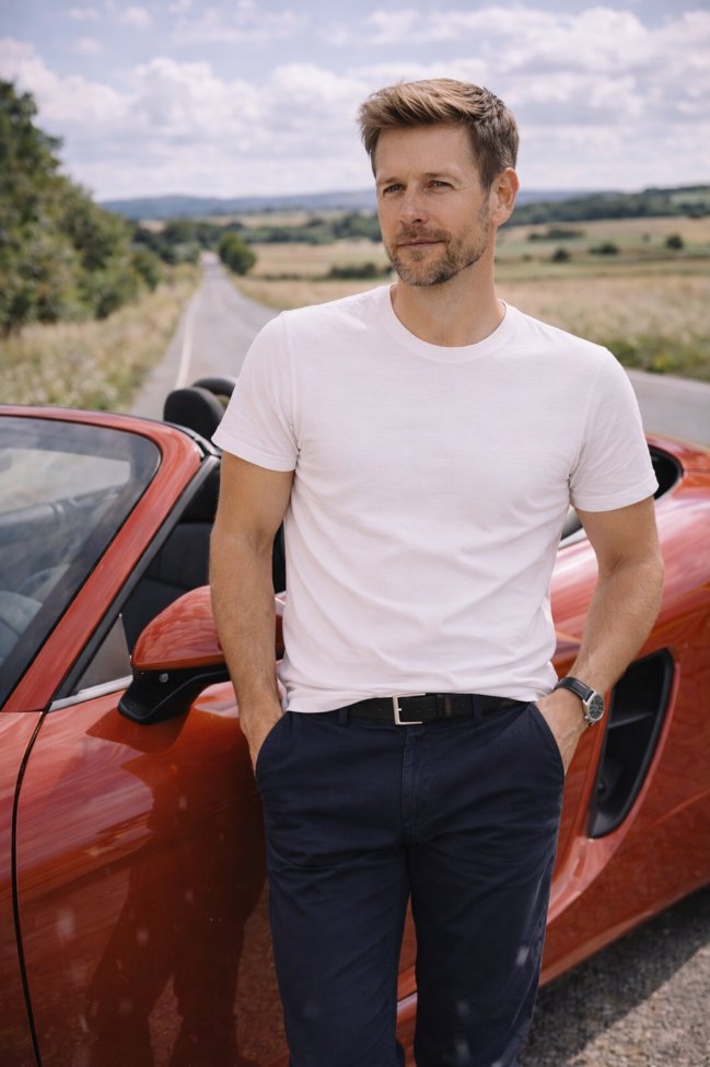 Mann trägt weißes BREDDY’S TENCEL™ T-Shirt und blaue BREDDY’S Pants vor rotem Cabrio