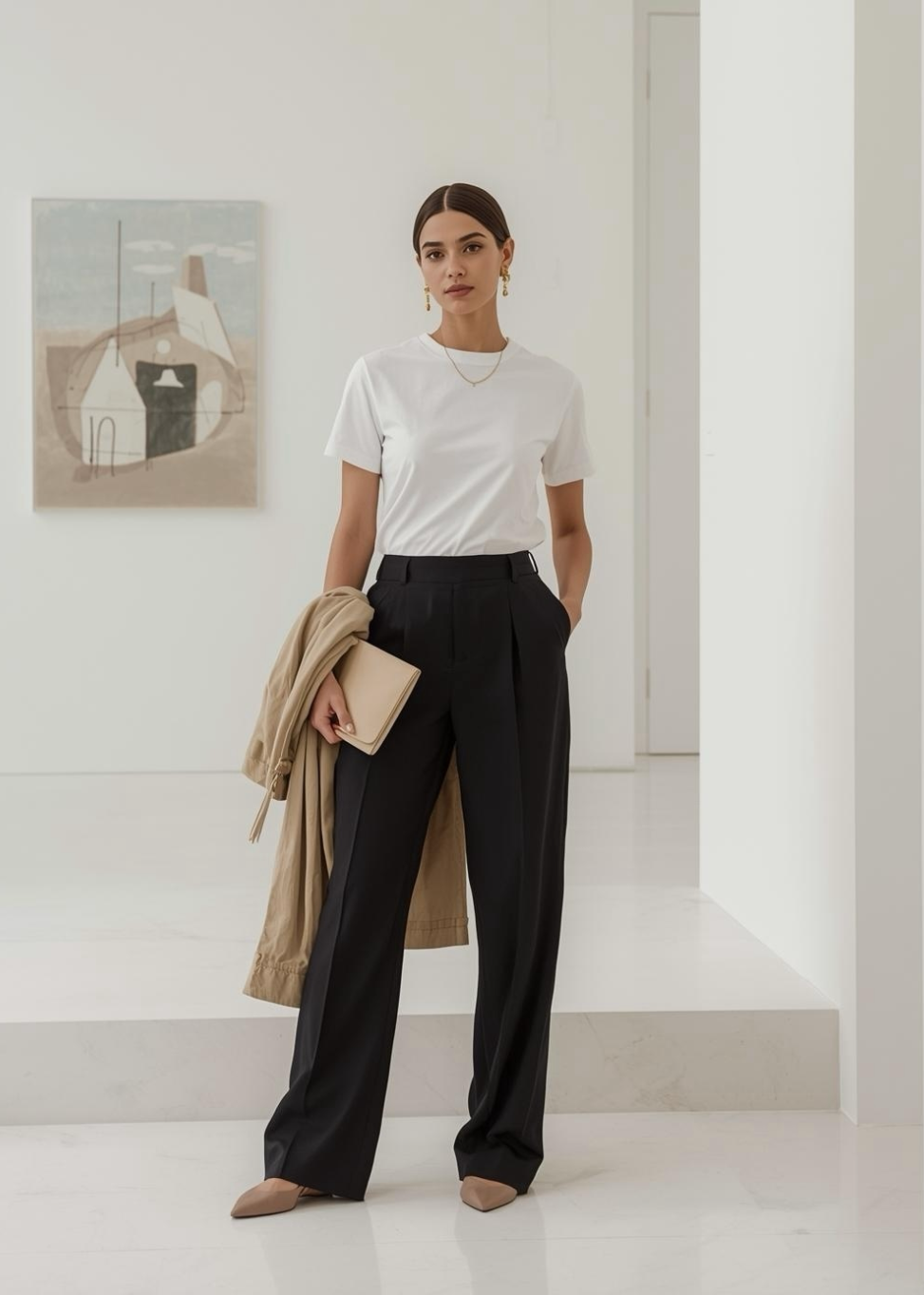 Frau in moderner Galerie trägt weißes BREDDY’S TENCEL™ T-Shirt und schwarze BREDDY’S Pants
