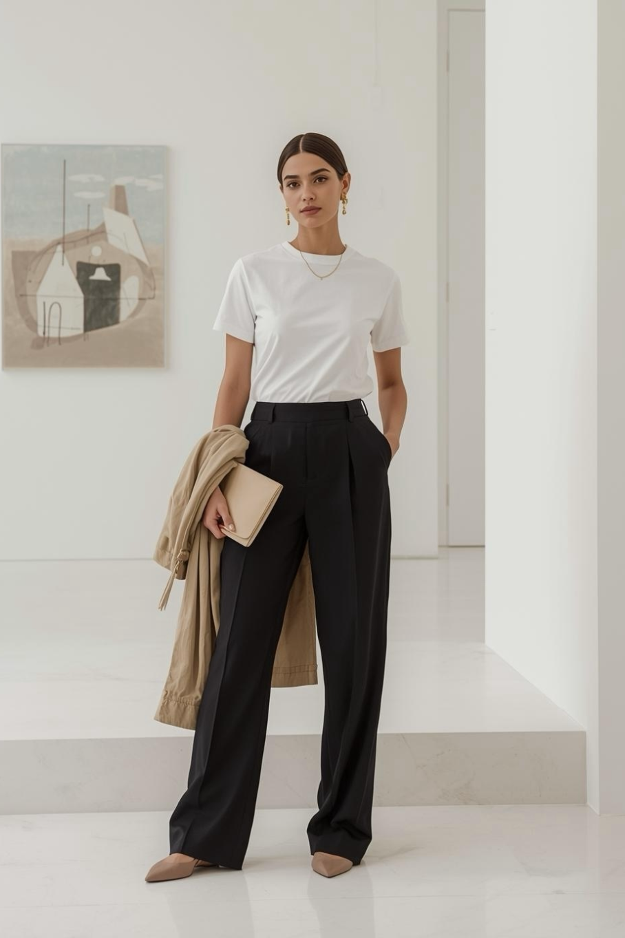 Frau in moderner Galerie trägt weißes BREDDY’S TENCEL™ T-Shirt und schwarze BREDDY’S Pants