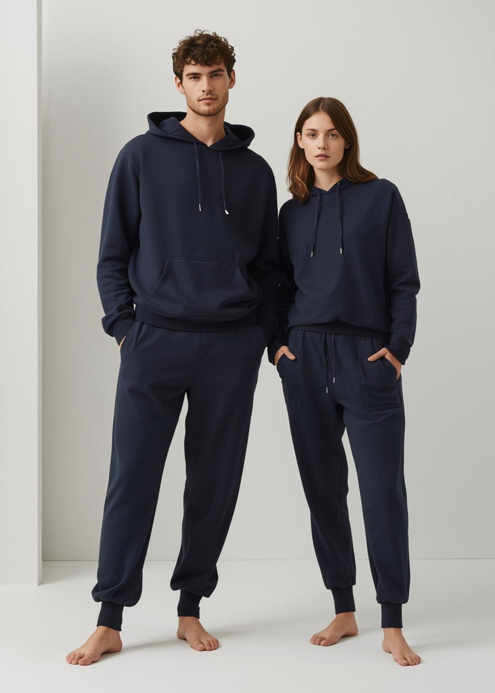 Mann und Frau in BREDDY’S Hoodie und RELAXED Sweatpants in Night Sky – nachhaltige Mode aus TENCEL™ aus Europa.