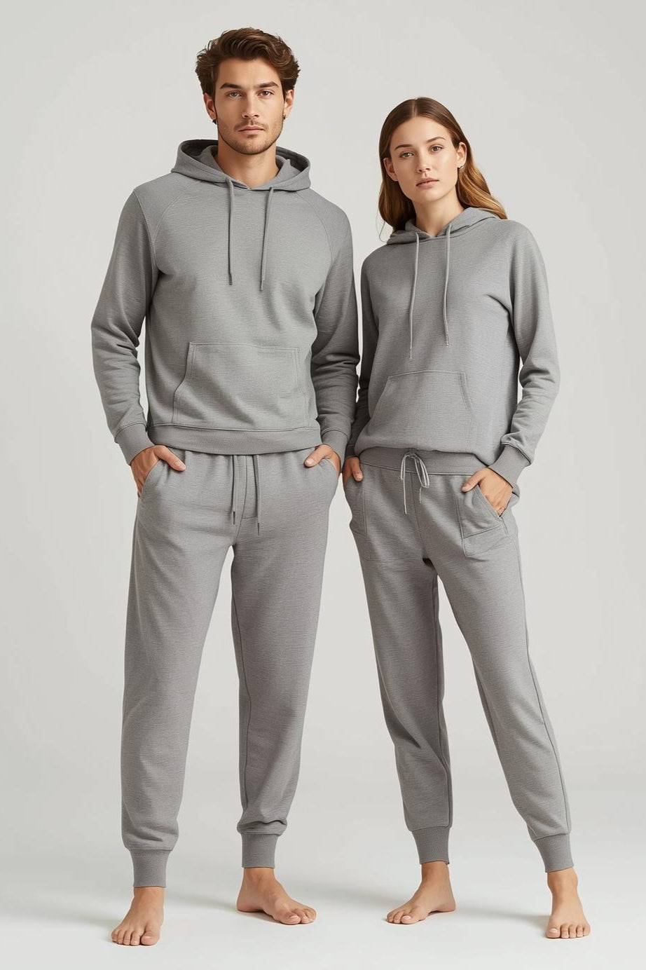 Mann und Frau in BREDDY’S Hoodie und RELAXED Sweatpants in Steel Grey – nachhaltige Mode aus TENCEL™ aus Europa