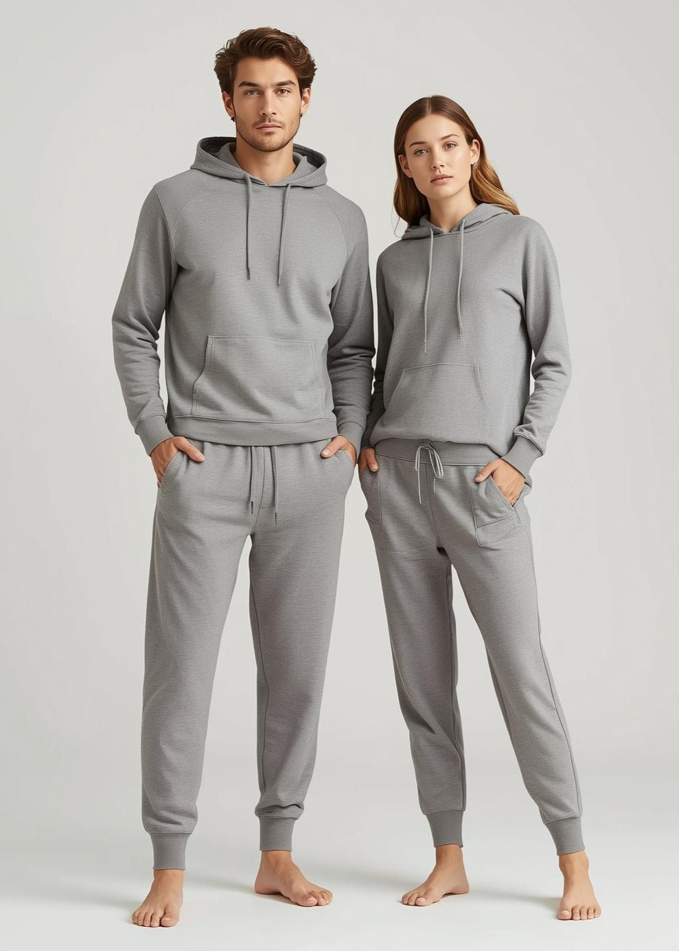 Mann und Frau in BREDDY’S Hoodie und RELAXED Sweatpants in Steel Grey – nachhaltige Mode aus TENCEL™ aus Europa