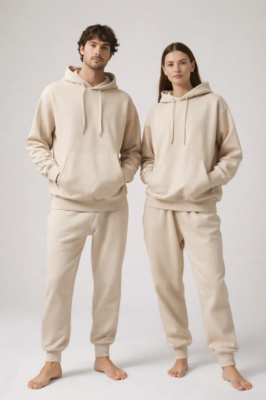 Mann und Frau in BREDDY’S Hoodie und RELAXED Sweatpants in Fog – nachhaltige Mode aus TENCEL™ aus Europa.