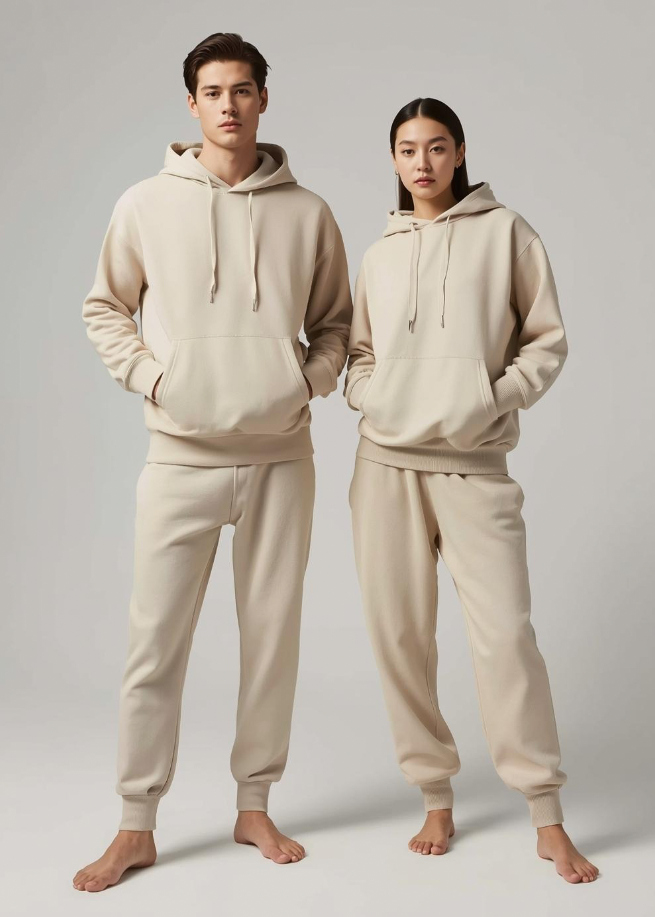 Mann und Frau in BREDDY’S Hoodie und RELAXED Sweatpants in Fog – nachhaltige Mode aus TENCEL™ aus Europa.