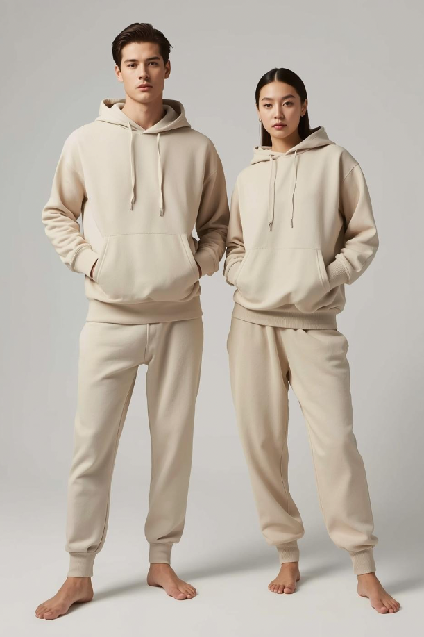 Mann und Frau in BREDDY’S Hoodie und RELAXED Sweatpants in Fog – nachhaltige Mode aus TENCEL™ aus Europa.