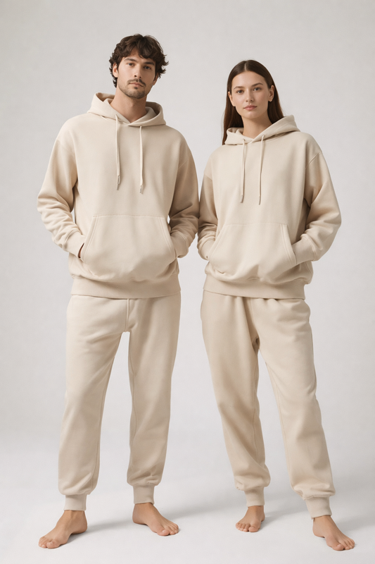 Mann und Frau in BREDDY’S Hoodie und RELAXED Sweatpants in Fog – nachhaltige Mode aus TENCEL™ aus Europa.