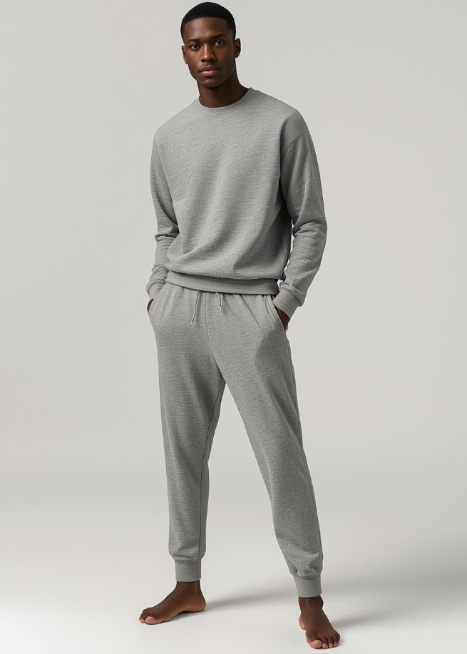 Mann in BREDDY’S Hoodie und RELAXED Sweatpants in Steel Grey aus TENCEL™ – nachhaltige Mode aus Europa.