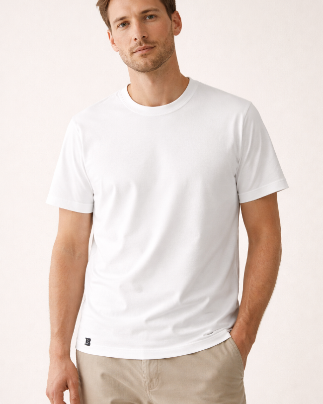 Produktaufnahme: Herren-T-Shirt von BREDDY’S im weißen aus TENCEL™ Material