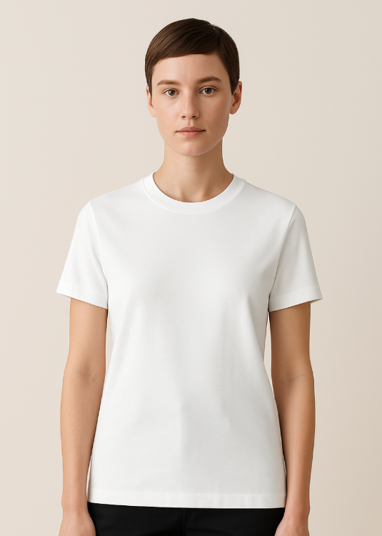 Frau präsentiert weißes BREDDY’S TEE CORE – schlicht, modern und nachhaltig.