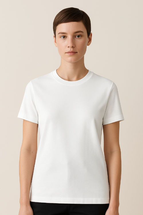 Frau präsentiert weißes BREDDY’S TEE CORE – schlicht, modern und nachhaltig.