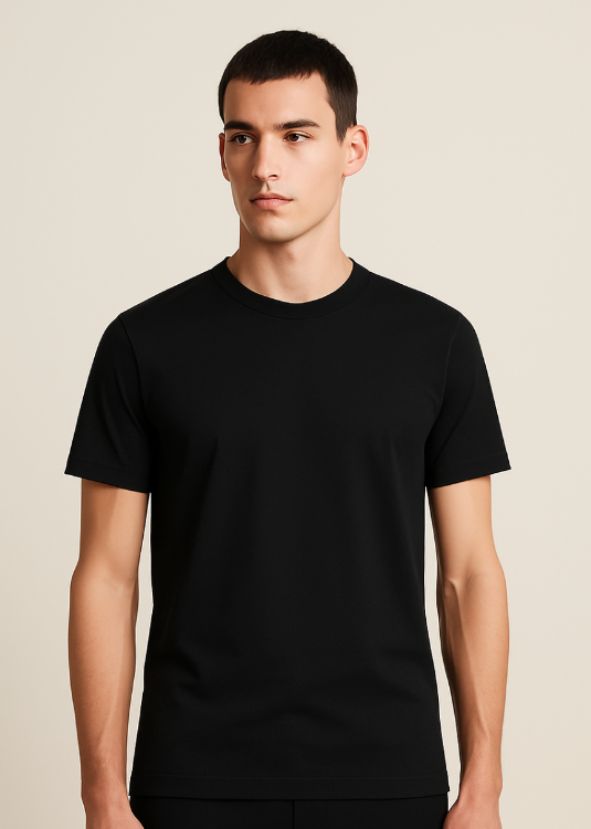 Mann trägt schwarzes BREDDY’S TENCEL™ T-Shirt auf cleanem Produktbild.