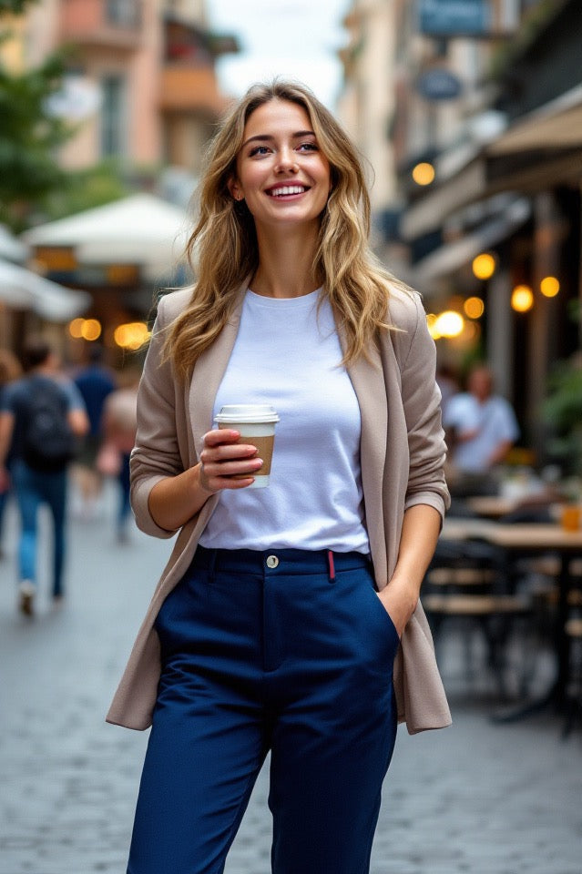 Frau mit Coffee to go trägt blaue BREDDY’S Pants und weißes TENCEL™ T-Shirt im urbanen Setting